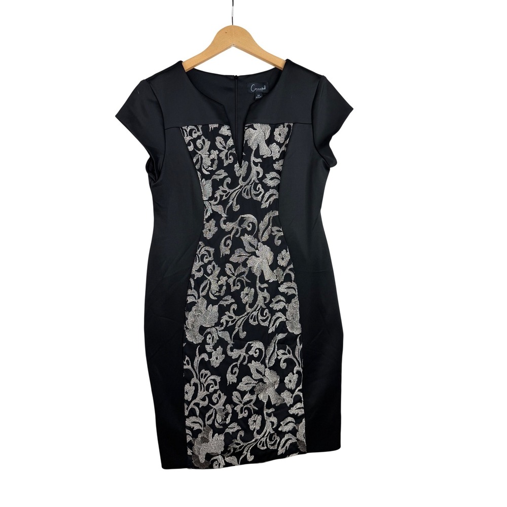 Connected Apparel Embroidered Detail Sheath Dress size 12 Petite Black/Gold
